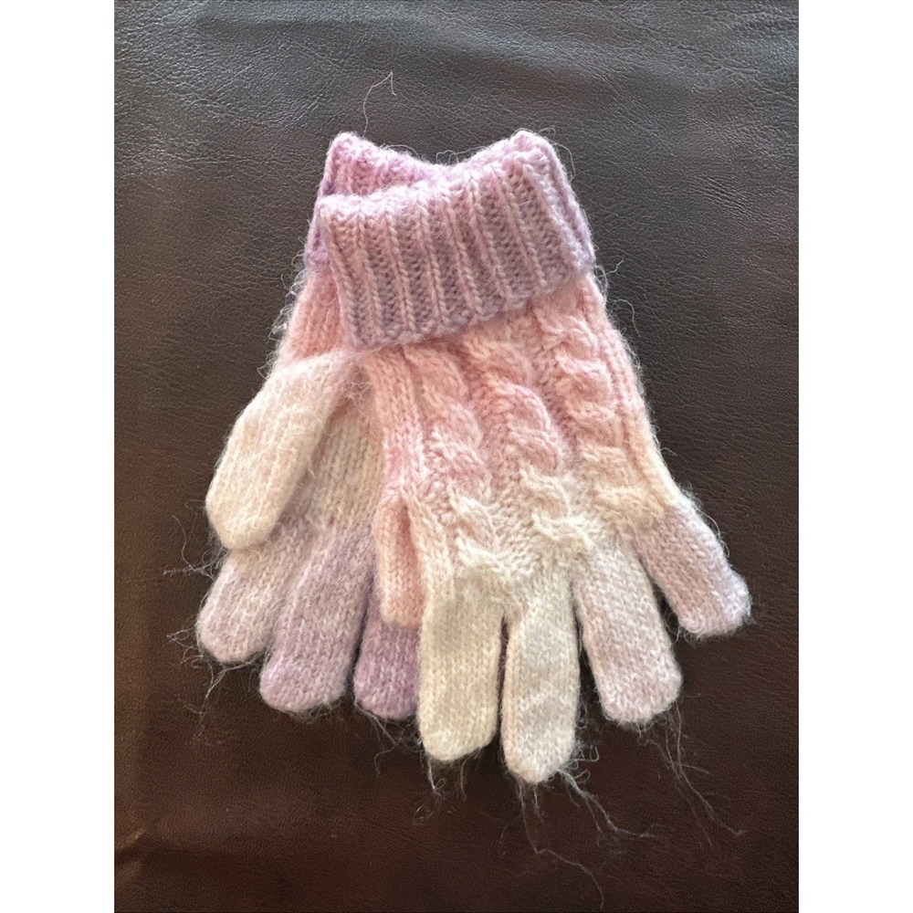 Kids Girls Pink purple Cream Cable Knit Winter Gloves Soft Fuzzy One Size